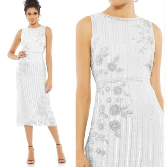 Mac Duggal 70260 Dress Striped Floral Embellished Sleeveless Midi White Size 2 - Picture 1 of 11